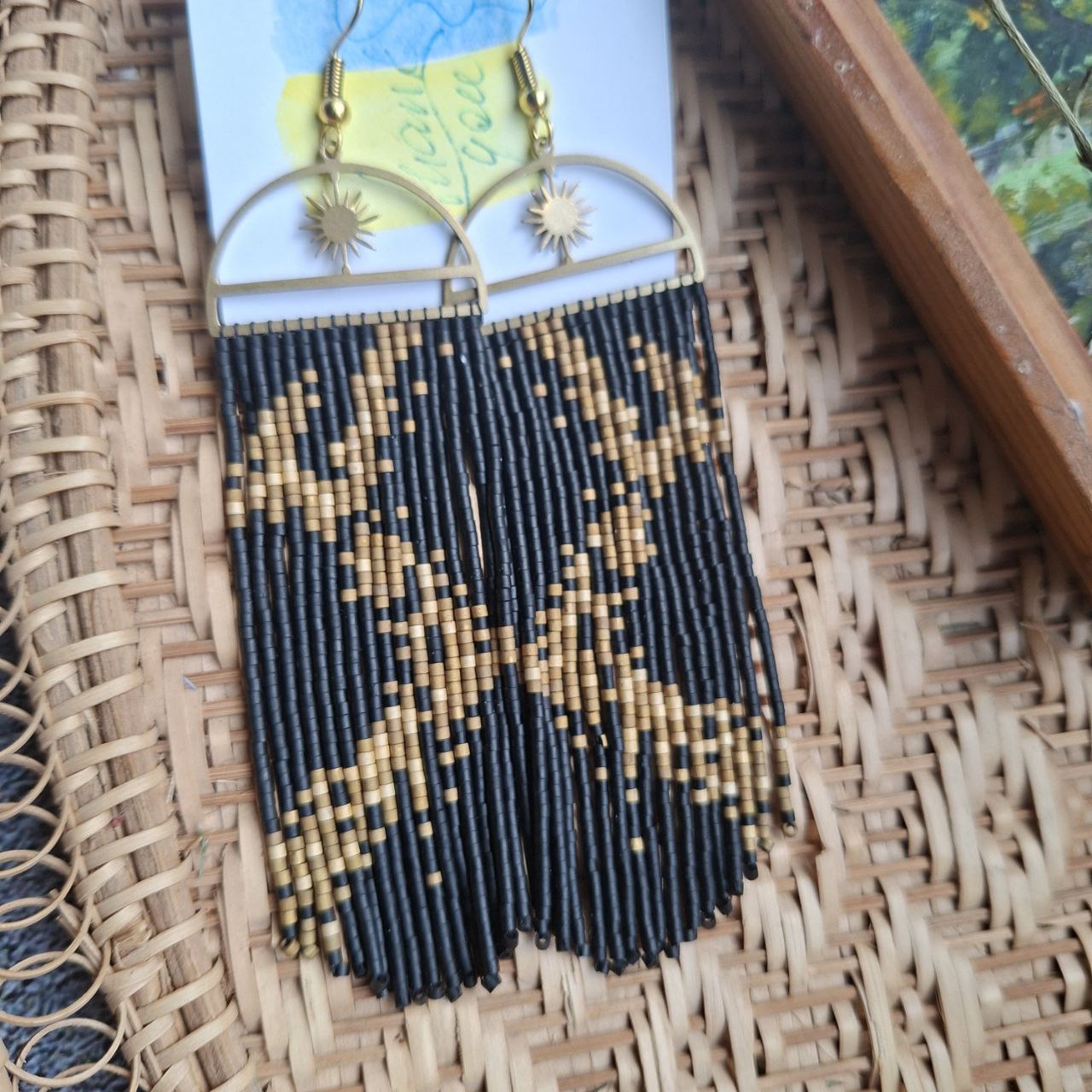 Black & Gold Boho Fringe Earrings with Sun Charm, Miyuki Delica Beads