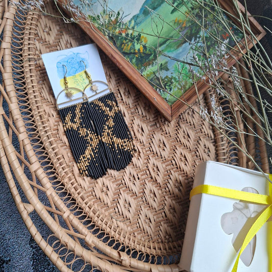 Black & Gold Boho Fringe Earrings with Sun Charm, Miyuki Delica Beads