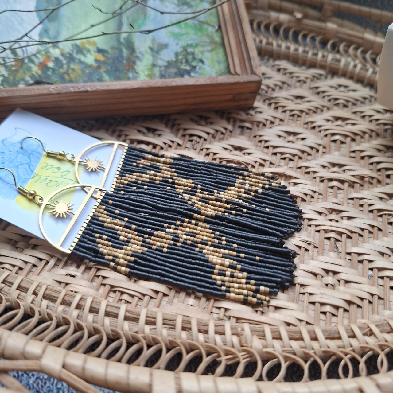 Black & Gold Boho Fringe Earrings with Sun Charm, Miyuki Delica Beads