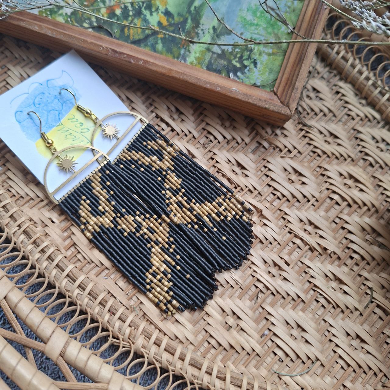 Black & Gold Boho Fringe Earrings with Sun Charm, Miyuki Delica Beads