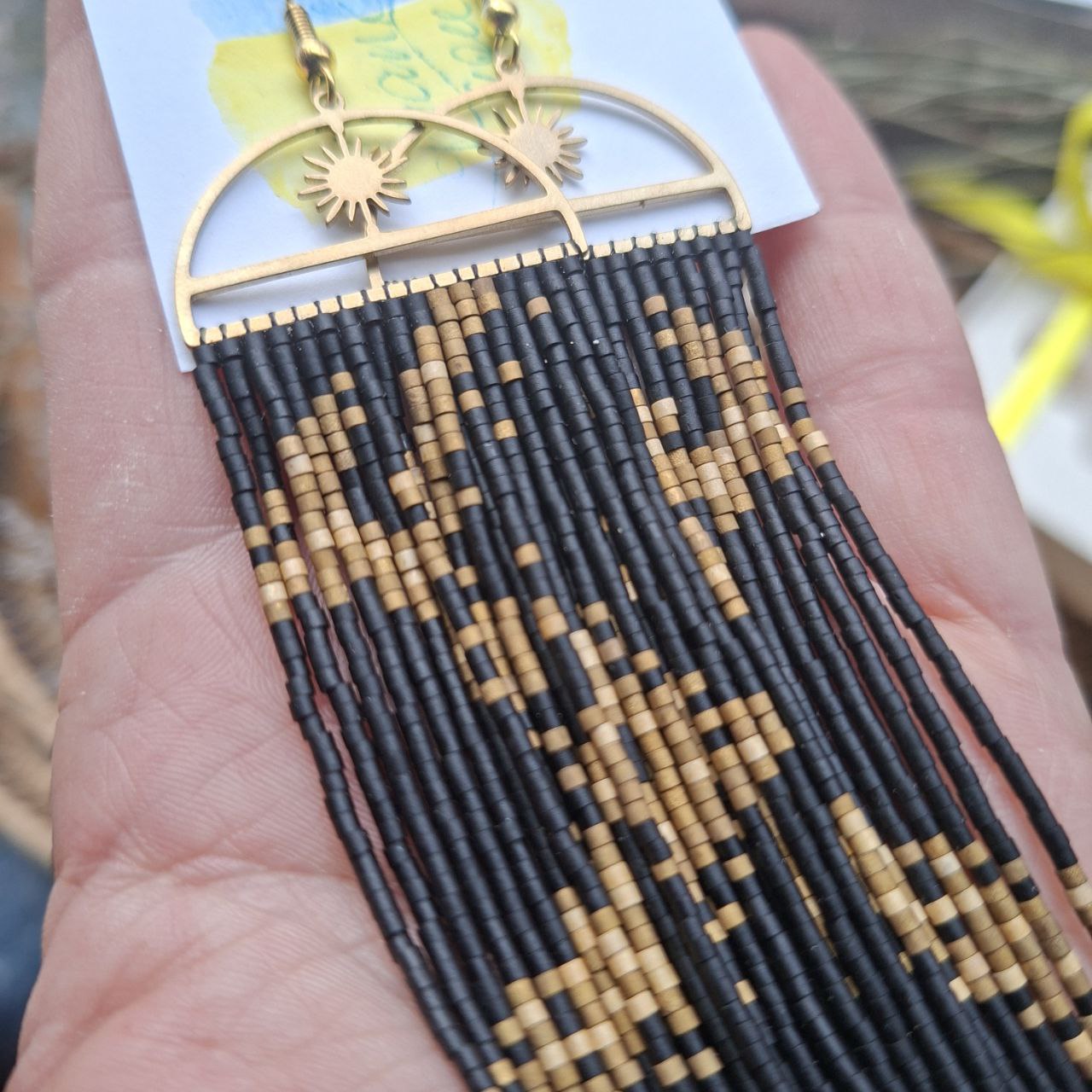 Black & Gold Boho Fringe Earrings with Sun Charm, Miyuki Delica Beads
