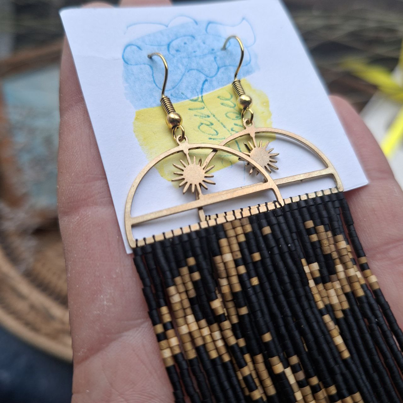 Black & Gold Boho Fringe Earrings with Sun Charm, Miyuki Delica Beads