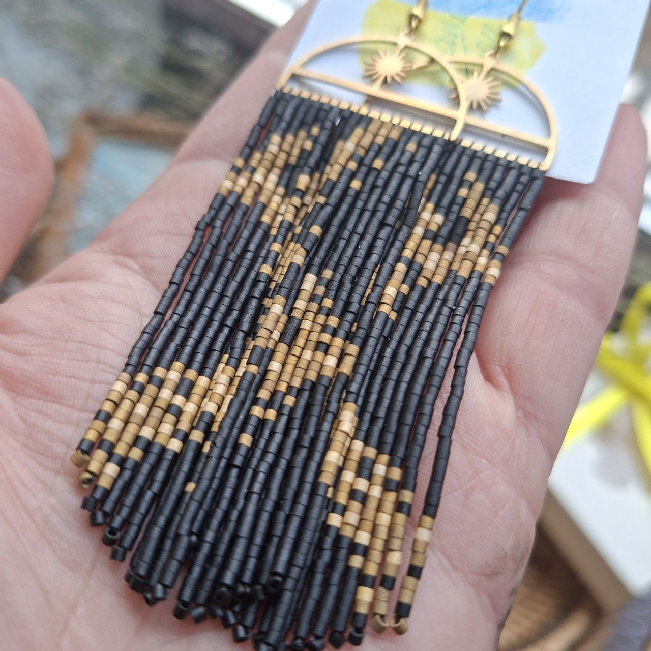 Black & Gold Boho Fringe Earrings with Sun Charm, Miyuki Delica Beads