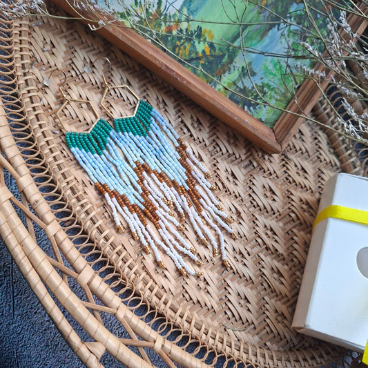 Blue & Green Seed Beads with Gold Hexagon | Handmade Statement Jewelry