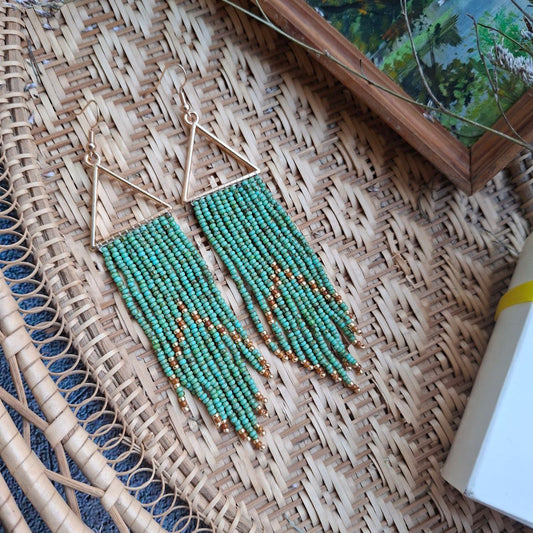 Handmade Green Fringe Earrings – Boho Beaded Statement Earrings (5 Inch)