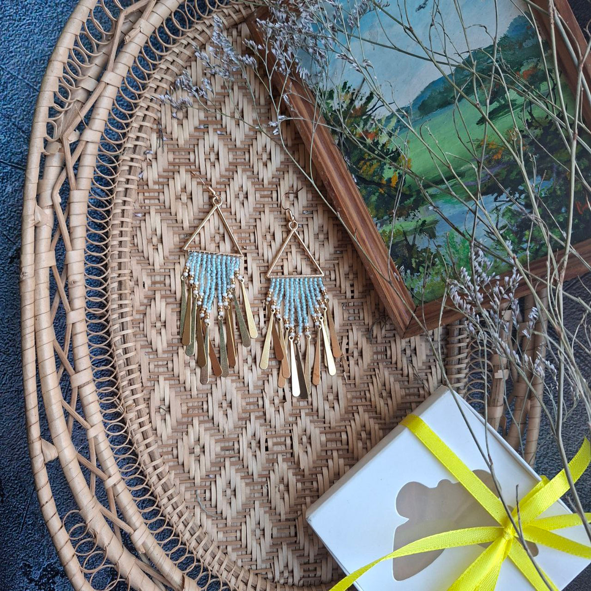 Geometric Boho Fringe Earrings – Handmade Beaded Statement Earrings (4 Inches)