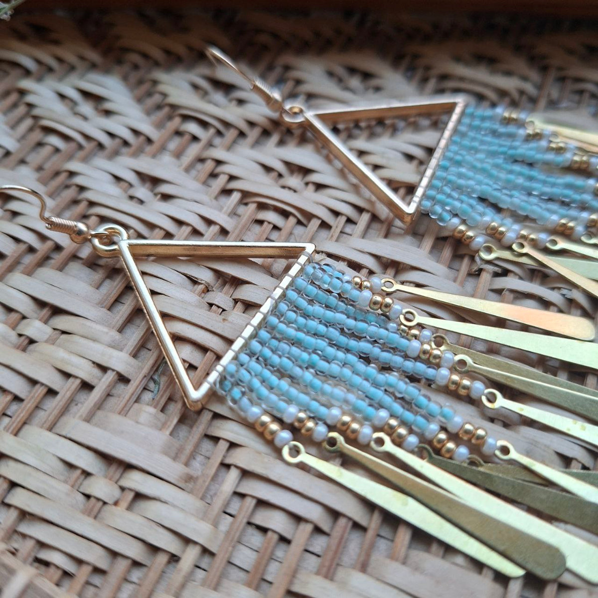 Geometric Boho Fringe Earrings – Handmade Beaded Statement Earrings (4 Inches)