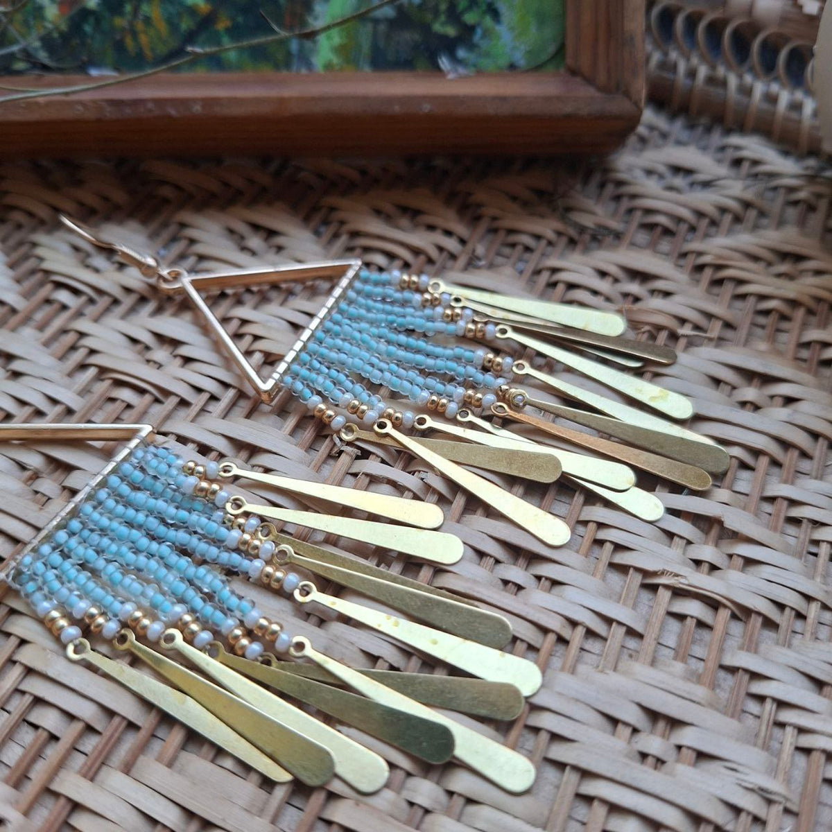 Geometric Boho Fringe Earrings – Handmade Beaded Statement Earrings (4 Inches)