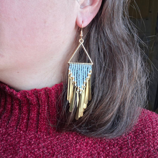 Geometric Boho Fringe Earrings – Handmade Beaded Statement Earrings (4 Inches)