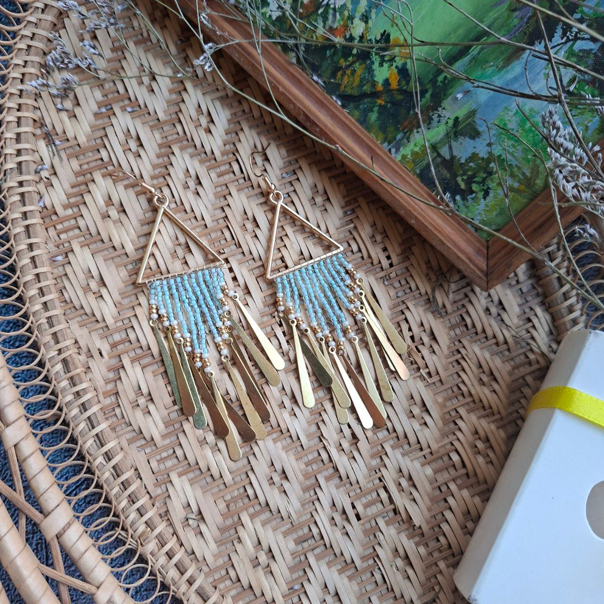 Geometric Boho Fringe Earrings – Handmade Beaded Statement Earrings (4 Inches)