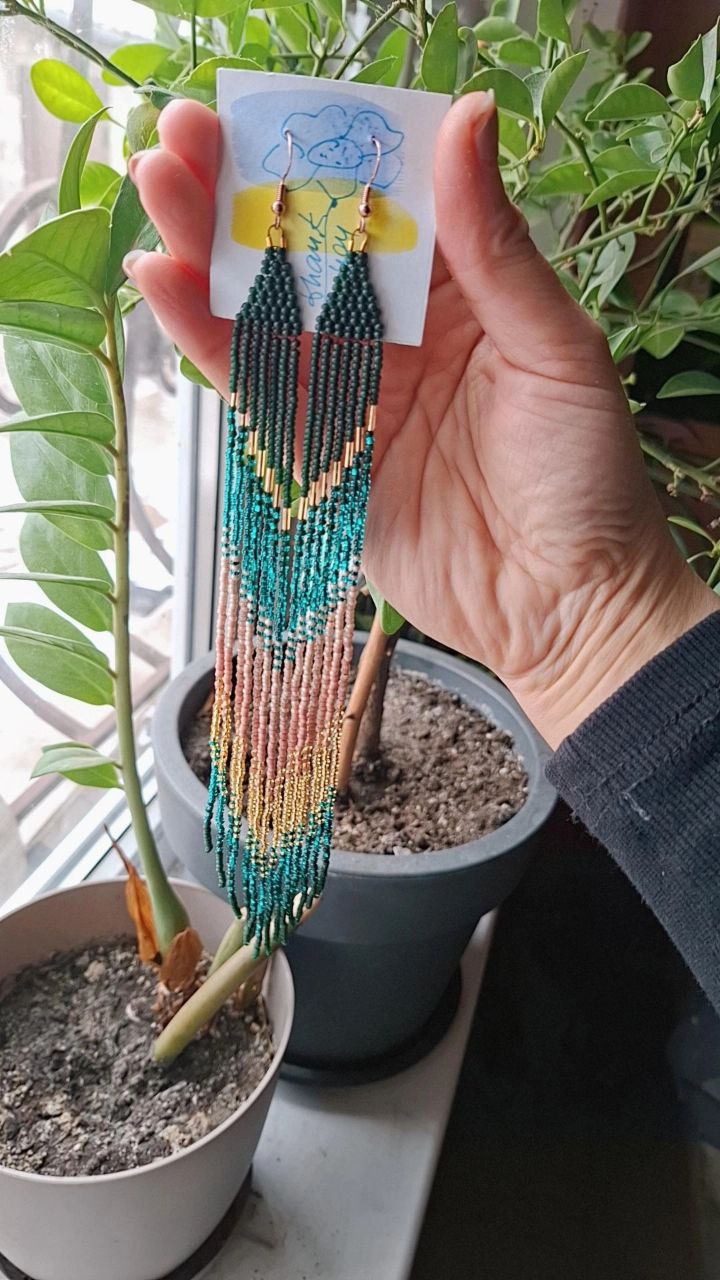 Handmade long beaded fringe earrings in turquoise green and gold tones