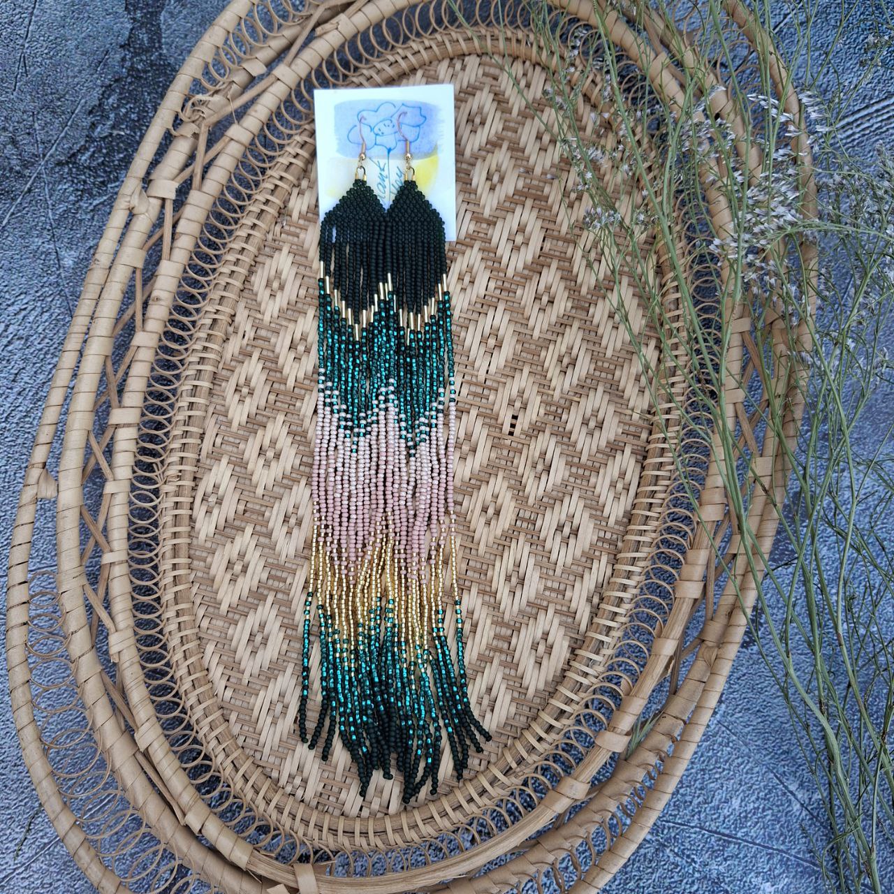 Boho statement beaded earrings with long fringe in teal and gold