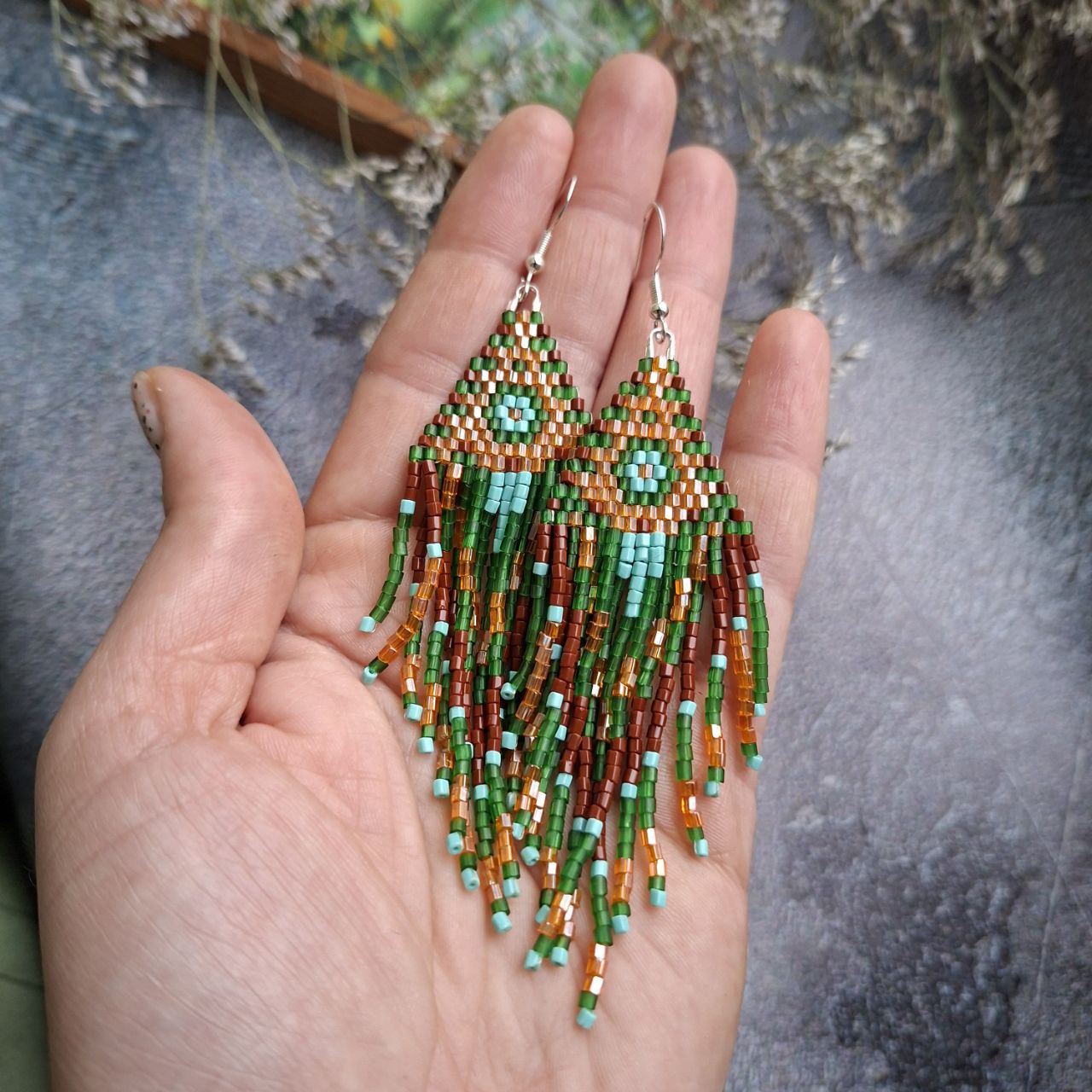 Handmade Boho Fringe Earrings – Green & Brown Seed Bead Statement Earrings