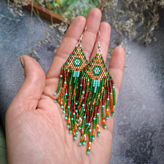 Handmade Boho Fringe Earrings – Green & Brown Seed Bead Statement Earrings