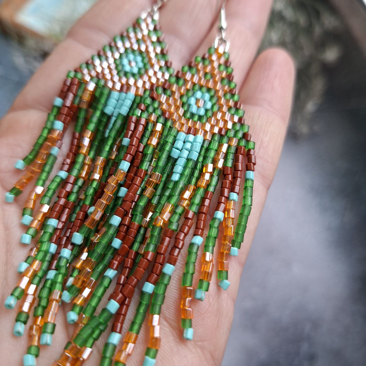 Handmade Boho Fringe Earrings – Green & Brown Seed Bead Statement Earrings