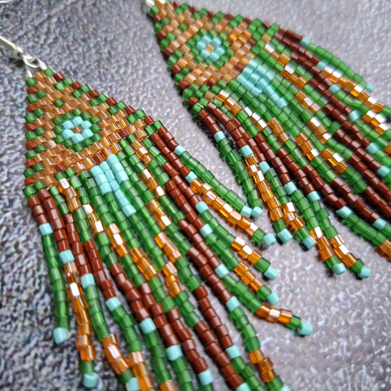 Handmade Boho Fringe Earrings – Green & Brown Seed Bead Statement Earrings