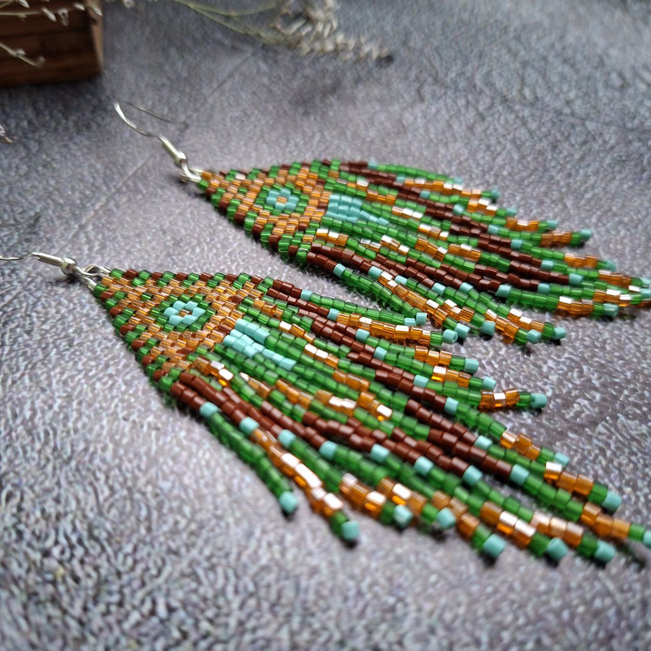 Handmade Boho Fringe Earrings – Green & Brown Seed Bead Statement Earrings