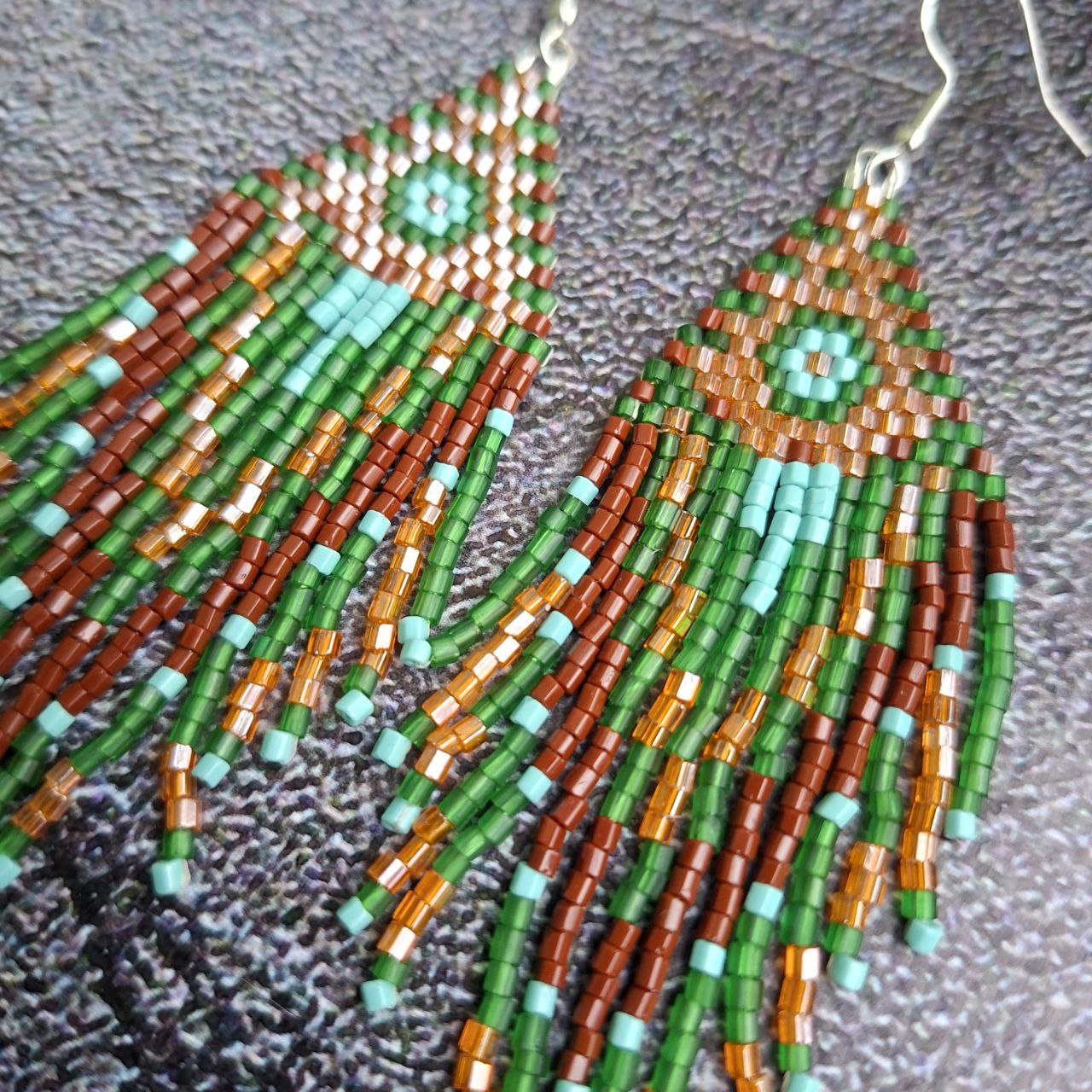 Handmade Boho Fringe Earrings – Green & Brown Seed Bead Statement Earrings