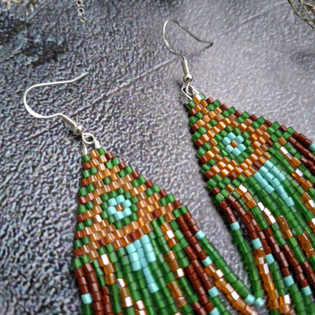 Handmade Boho Fringe Earrings – Green & Brown Seed Bead Statement Earrings