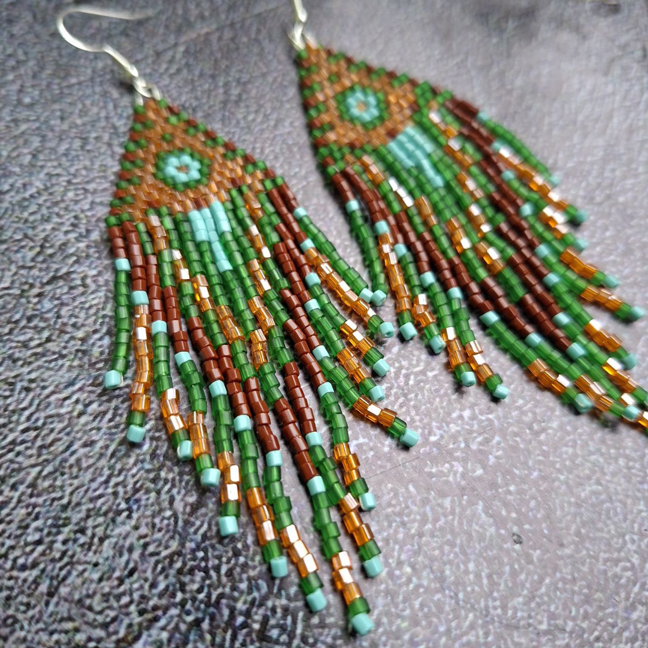 Handmade Boho Fringe Earrings – Green & Brown Seed Bead Statement Earrings