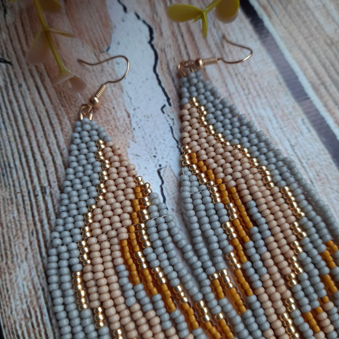 Gray Beaded Fringe Earrings, Long Handmade Statement Earrings