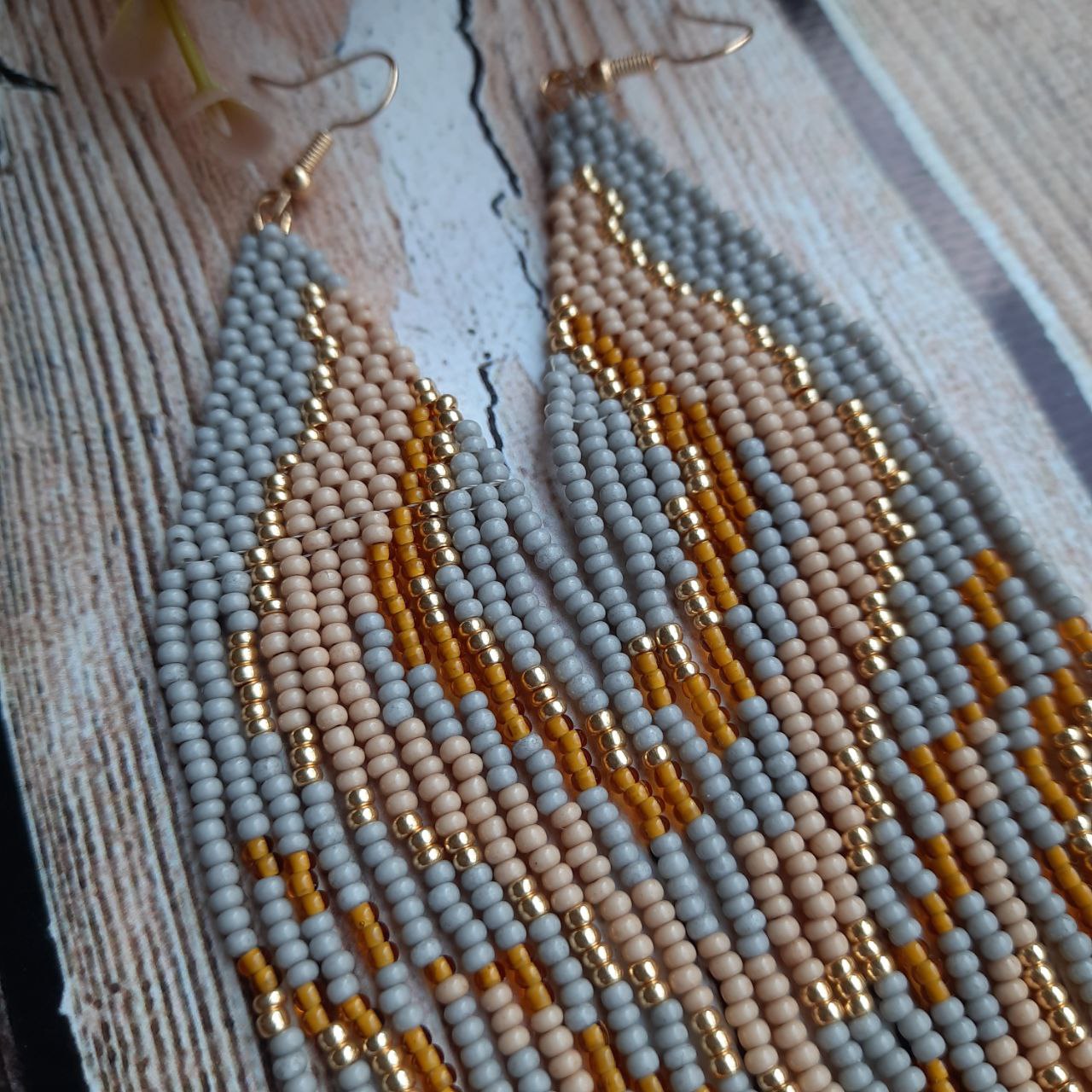 Gray Beaded Fringe Earrings, Long Handmade Statement Earrings