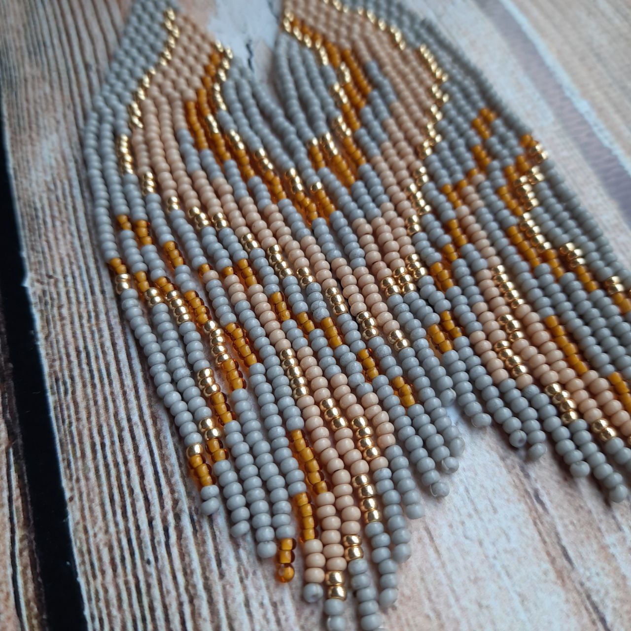 Gray Beaded Fringe Earrings, Long Handmade Statement Earrings