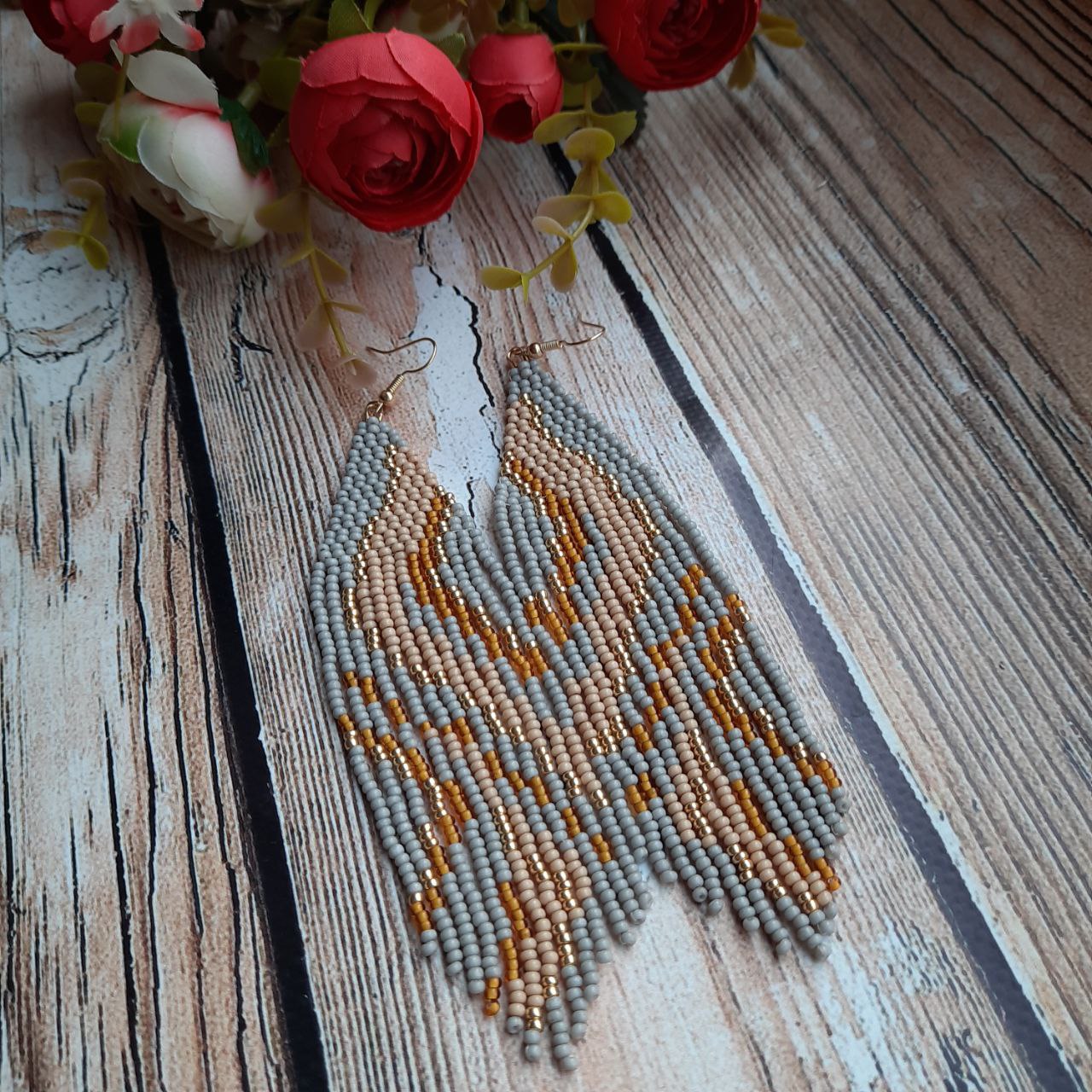 Gray Beaded Fringe Earrings, Long Handmade Statement Earrings