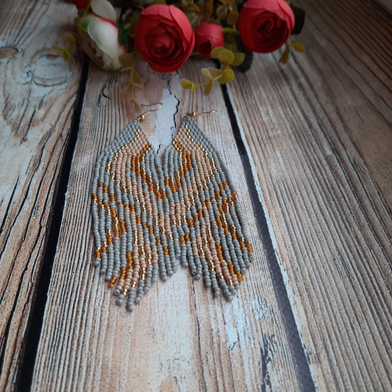 Gray Beaded Fringe Earrings, Long Handmade Statement Earrings