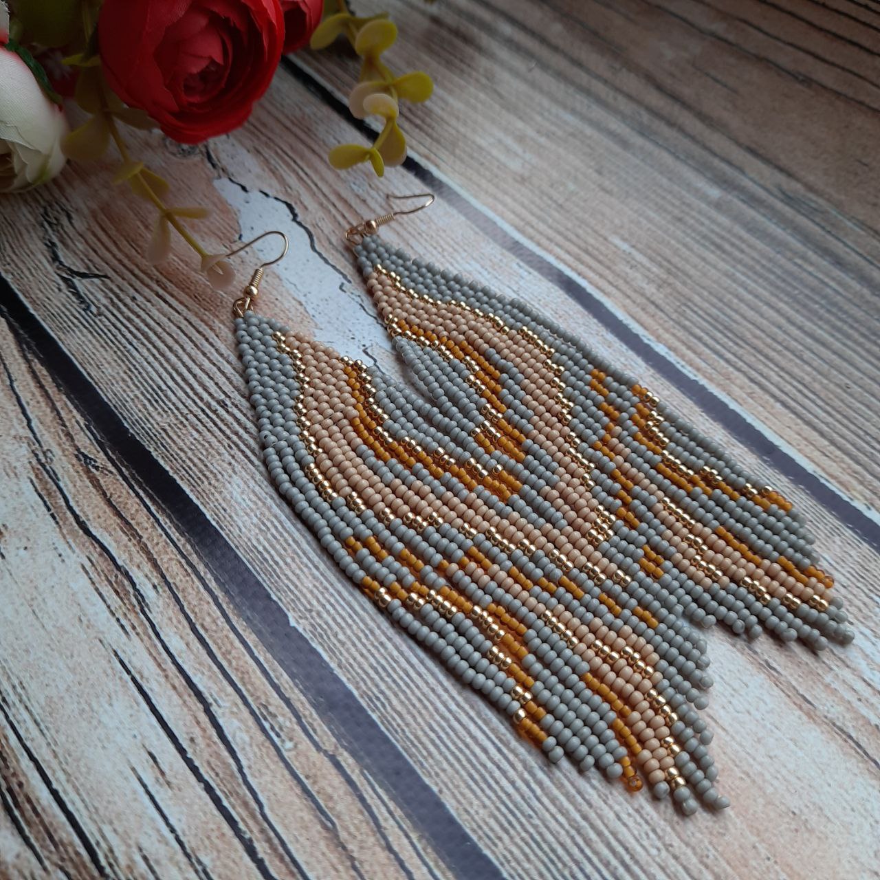 Gray Beaded Fringe Earrings, Long Handmade Statement Earrings