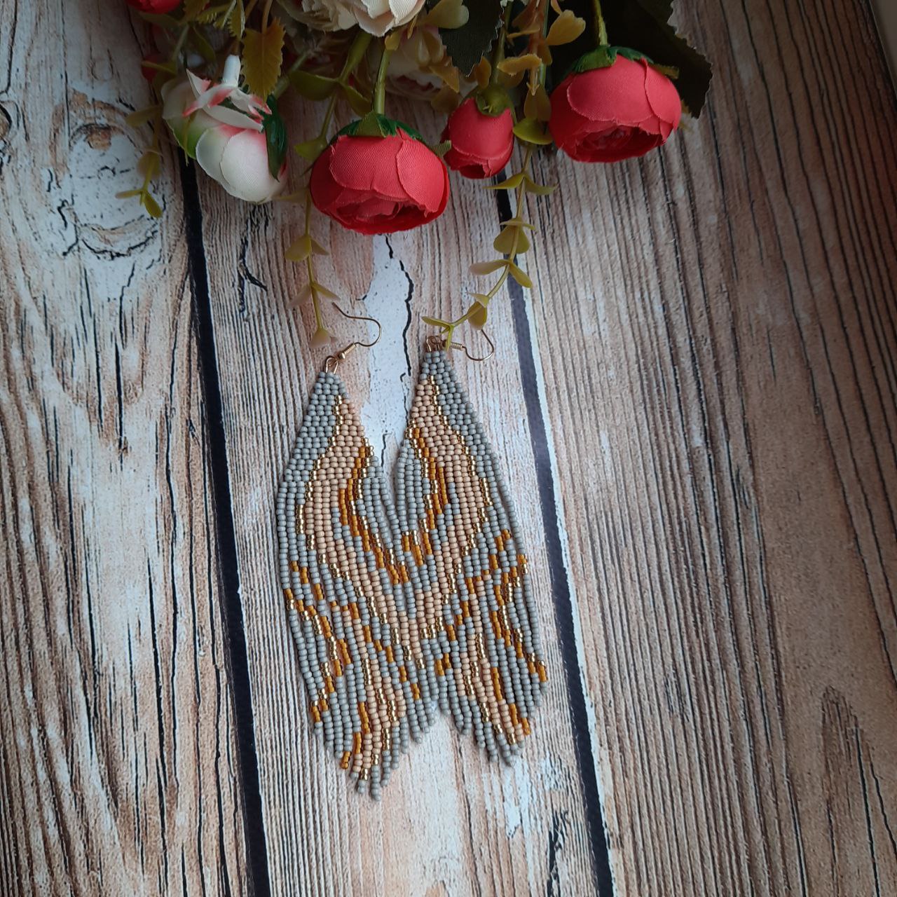 Gray Beaded Fringe Earrings, Long Handmade Statement Earrings