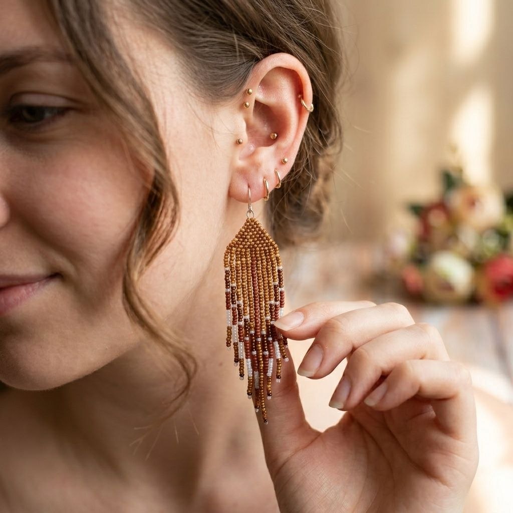 Handmade beaded fringe earrings in warm earthy tones
