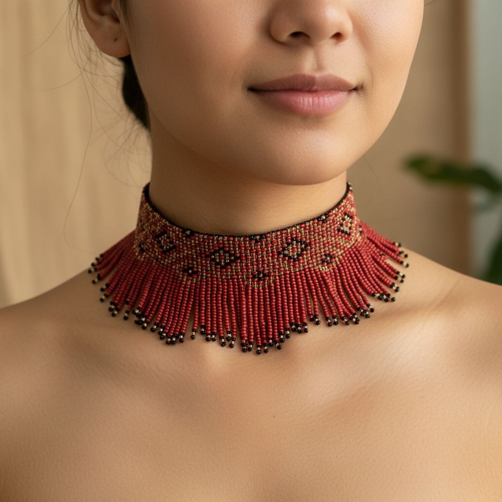 Red Beaded Choker Necklace, Handmade Fringe Statement Necklace