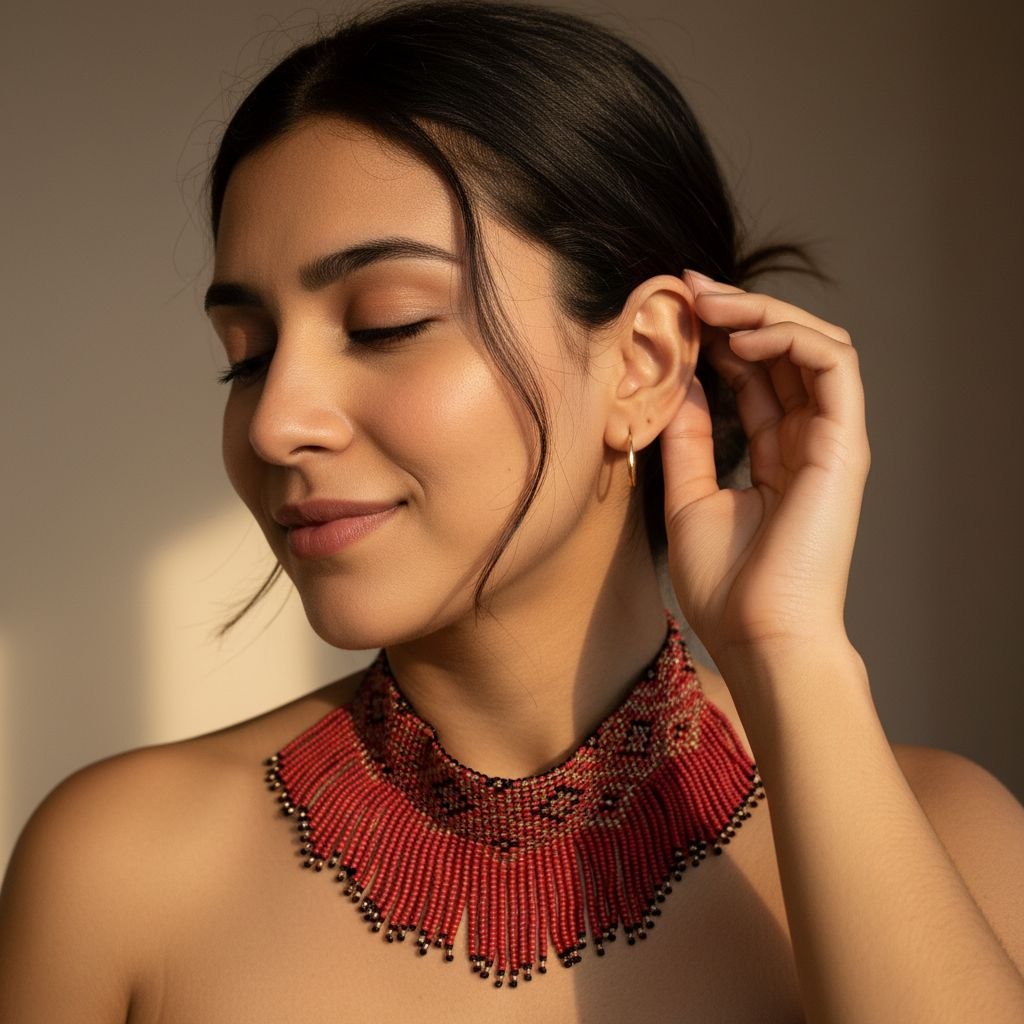 Red Beaded Choker Necklace, Handmade Fringe Statement Necklace