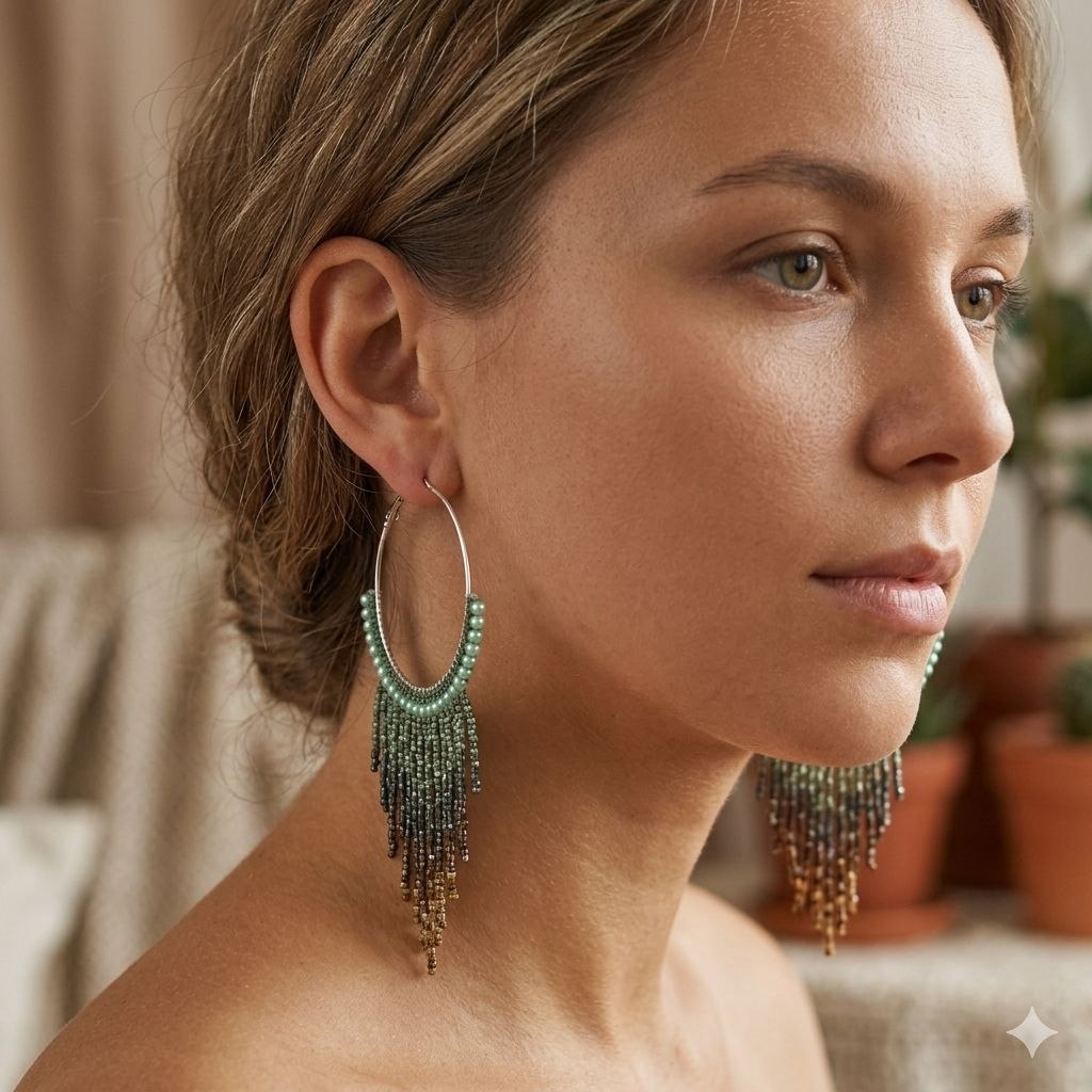 Handmade Beaded Hoop Fringe Earrings, Green & Bronze Seed Beads