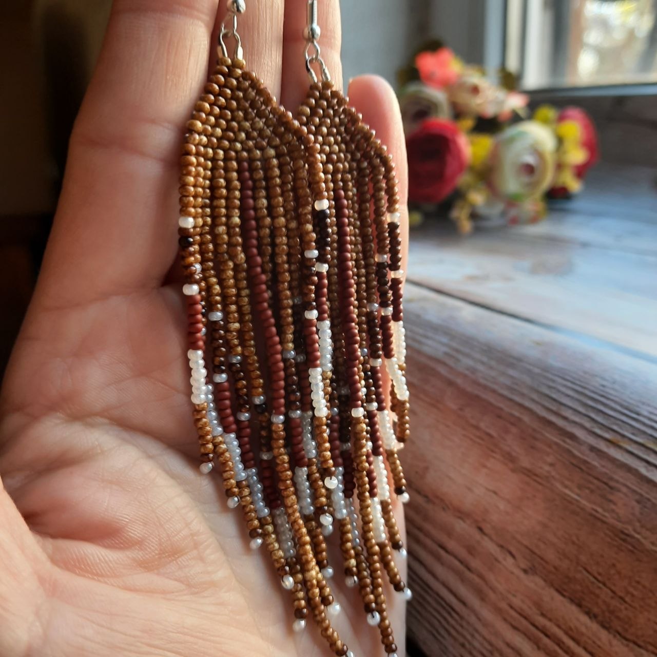 Handmade beaded fringe earrings in warm earthy tones