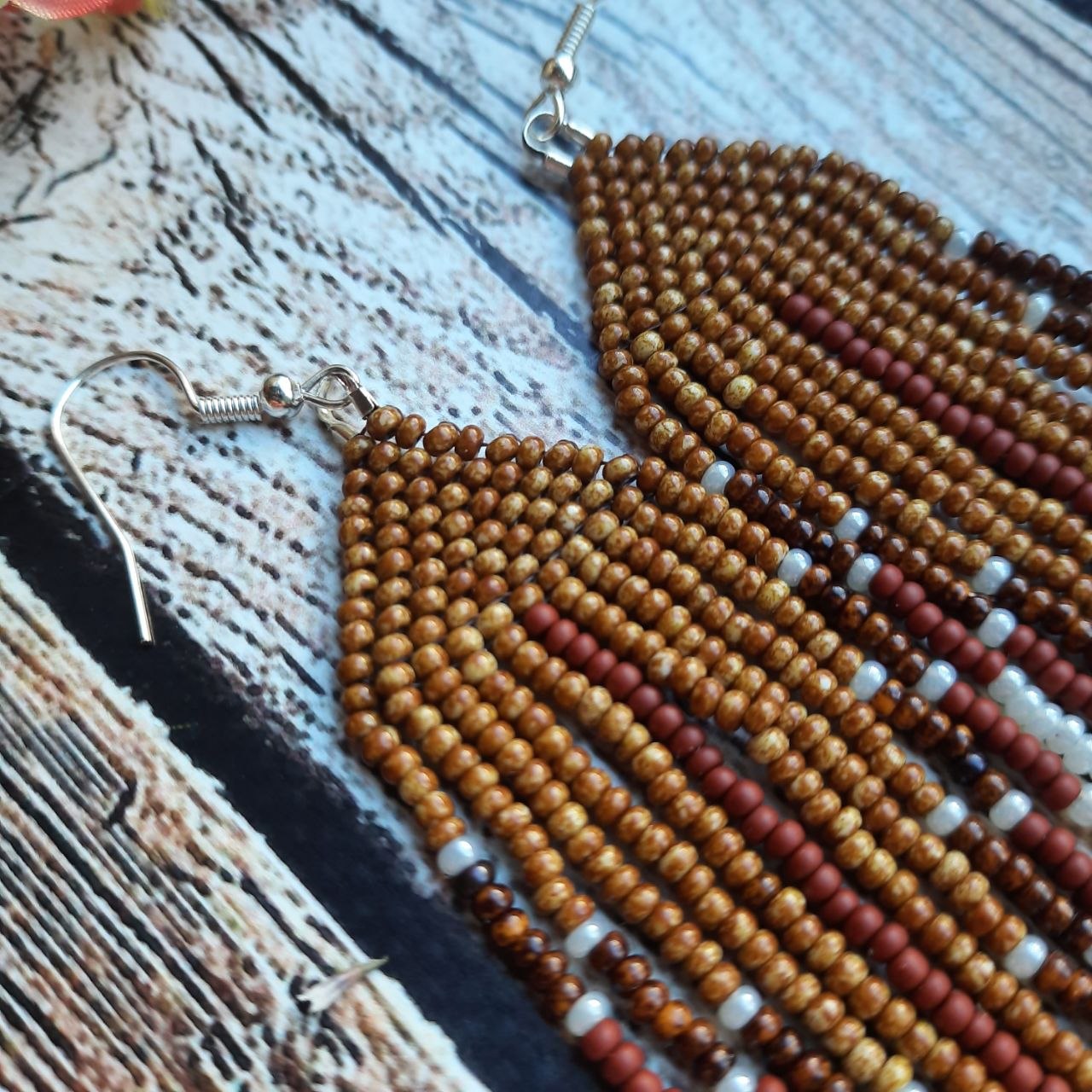 Boho Beaded Fringe Earrings, Long Brown Seed Bead Earrings
