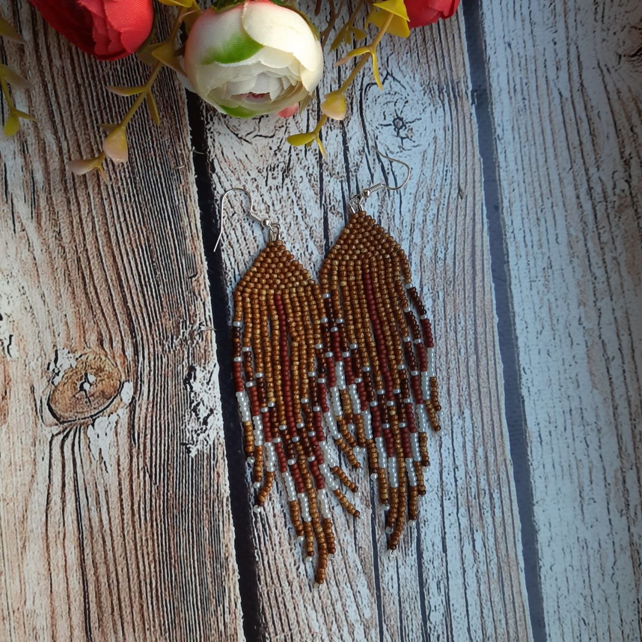 Boho Beaded Fringe Earrings, Long Brown Seed Bead Earrings