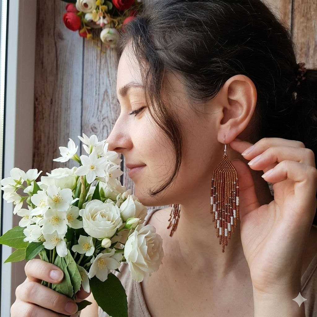 Boho Beaded Fringe Earrings, Long Brown Seed Bead Earrings