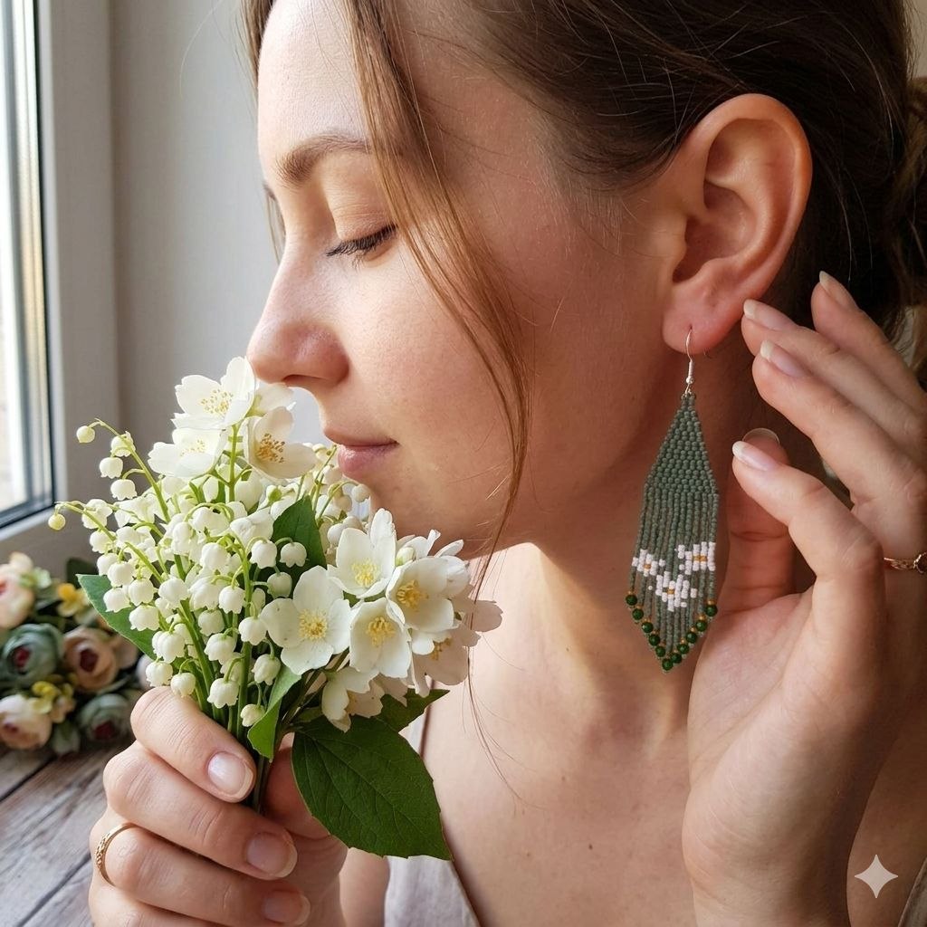 handmade long fringe earrings with floral design