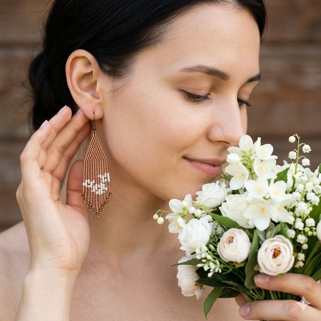 Full view of the earrings showcasing their elegant fringe shape.