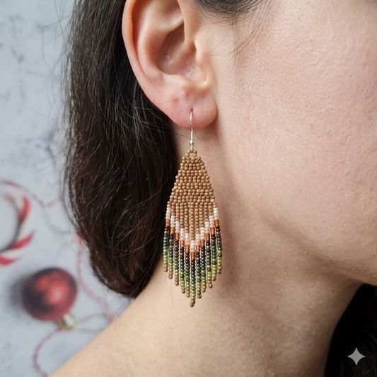 Earthy Beaded Fringe Earrings – Handmade Boho Earrings, 3.5 Inch Statement Jewelry