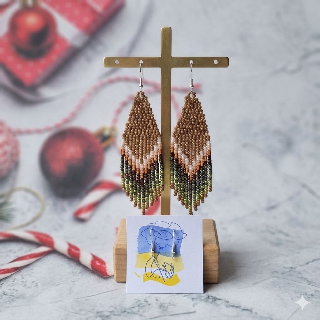 Earthy Beaded Fringe Earrings – Handmade Boho Earrings, 3.5 Inch Statement Jewelry