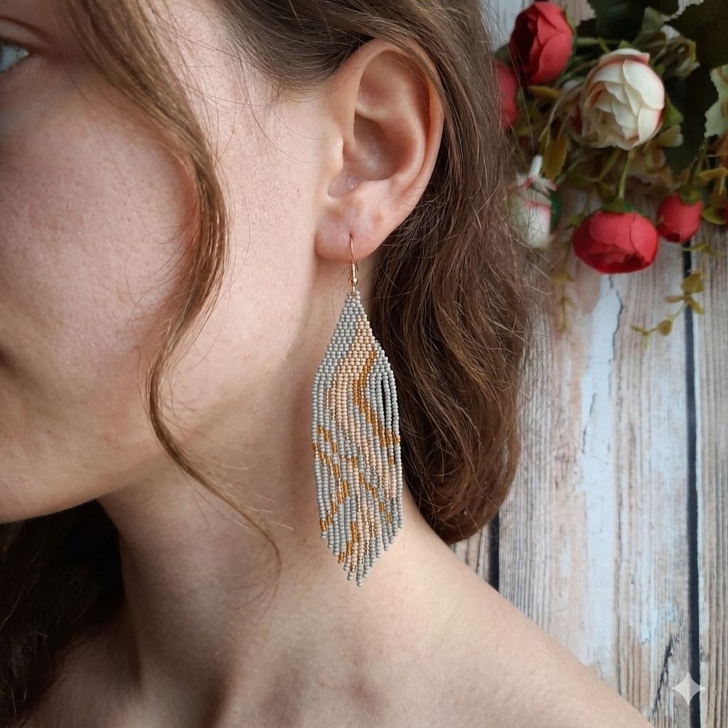 Gray Beaded Fringe Earrings, Long Handmade Statement Earrings