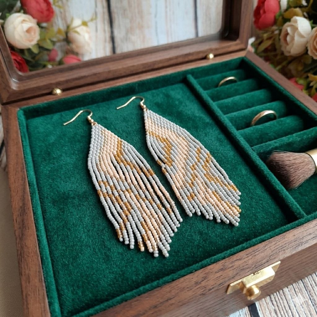 Gray Beaded Fringe Earrings, Long Handmade Statement Earrings