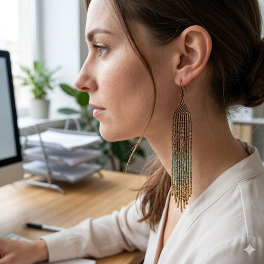 Long Beaded Fringe Earrings Brown Green