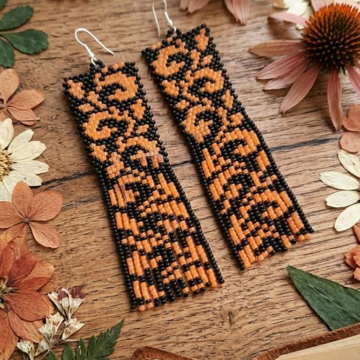 Orange black beaded earrings