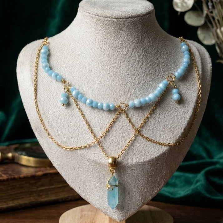 Blue crystal necklace front view