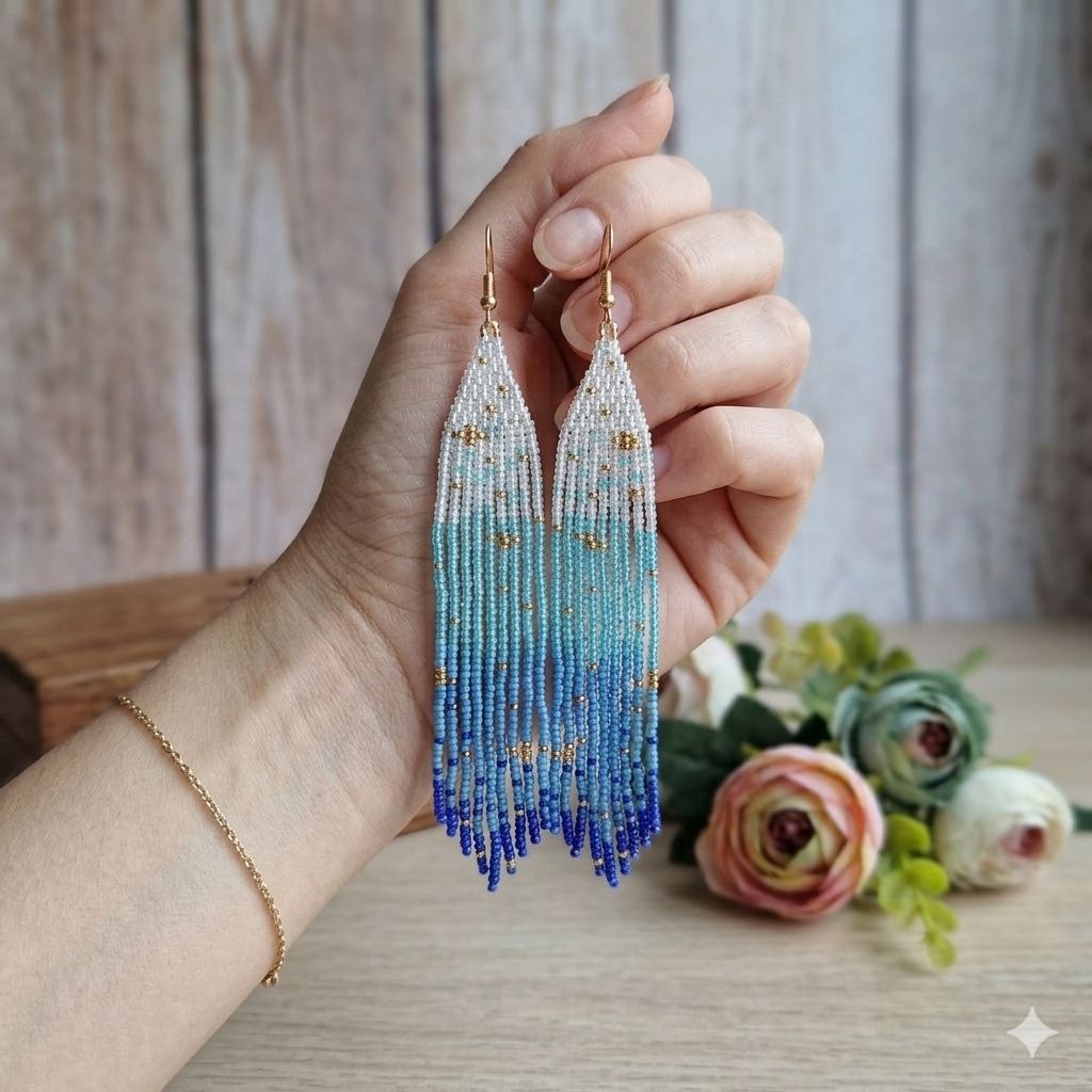 Close up of ombre beadwork showing white turquoise and deep blue beads