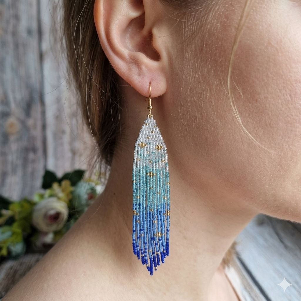 Blue ombre beaded fringe earrings white to deep blue gradient handmade jewelry